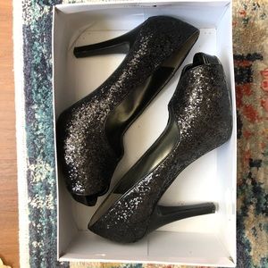 Black glitter platform heels